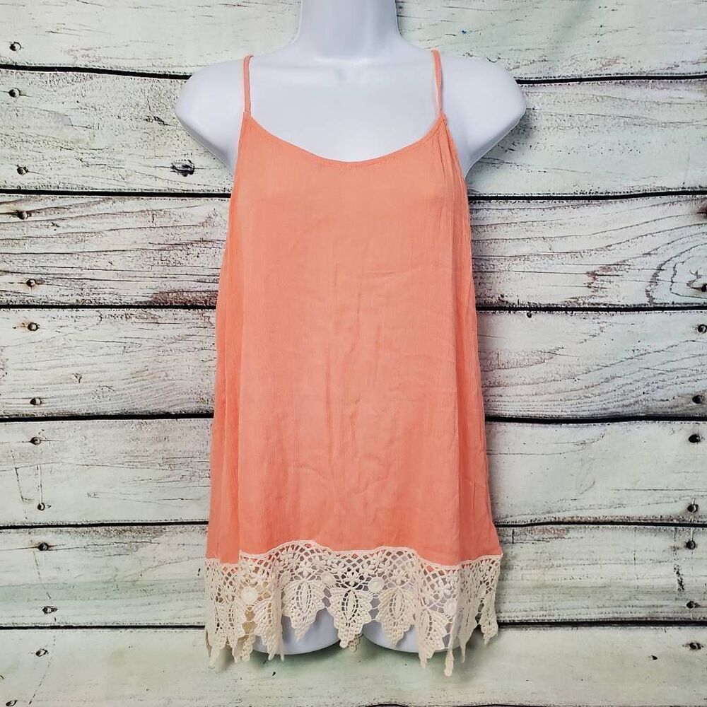 Vanity L Peach Tank Top with Crochet Lace Hem Boho Sleeveless Flowy Blouse